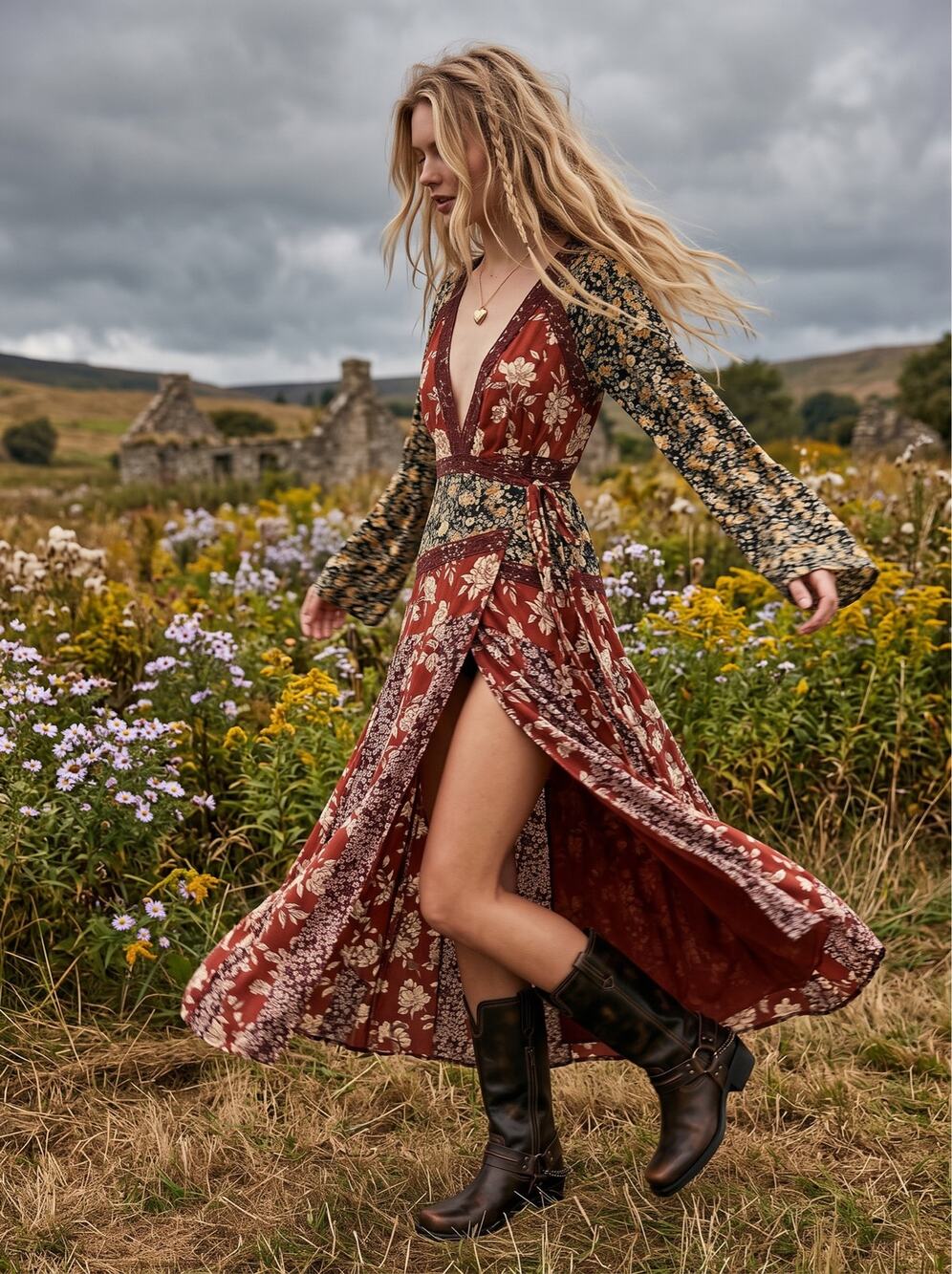 Free People Tilda Maxi Wrap Dress Neutral Small Western Bohemian Witchy